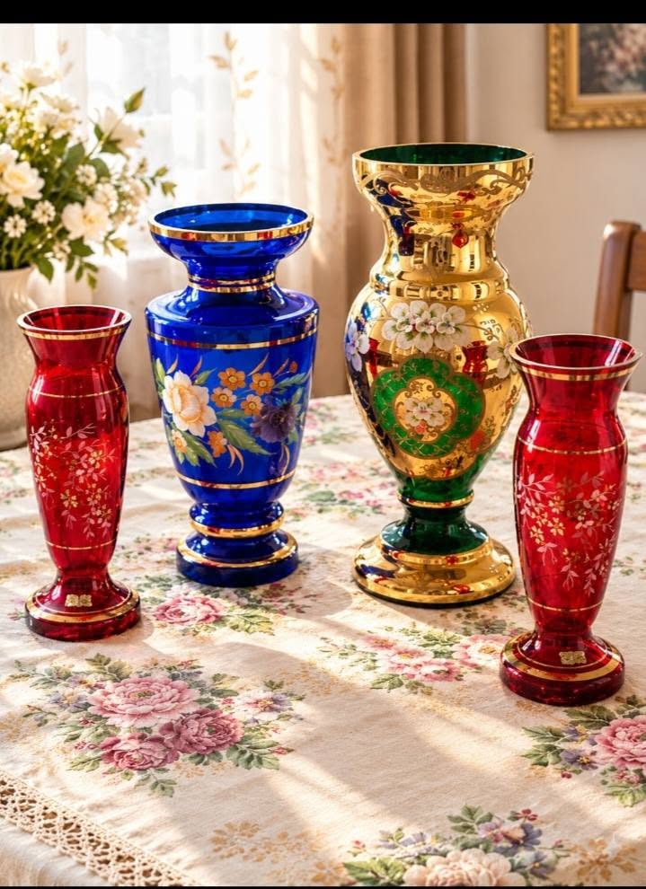 Four painted glass vases with gold trim