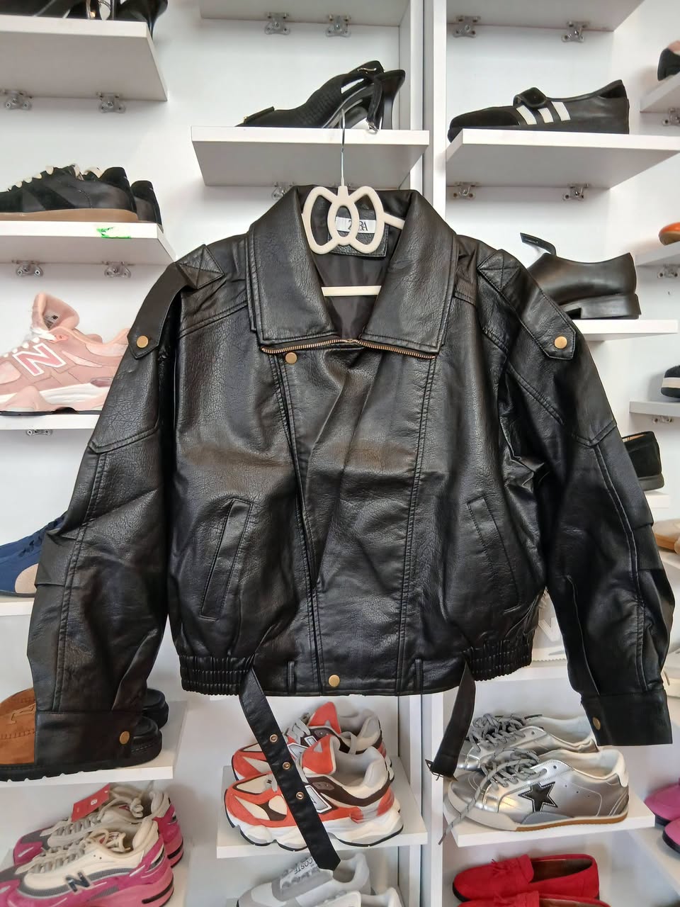 Black leather bomber jacket, in stock