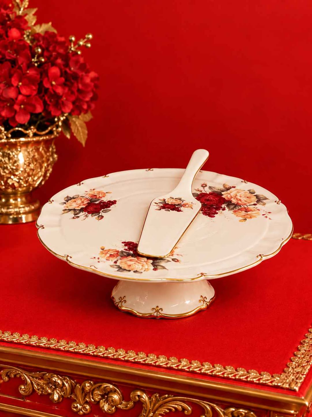 Czech porcelain cake stand with server