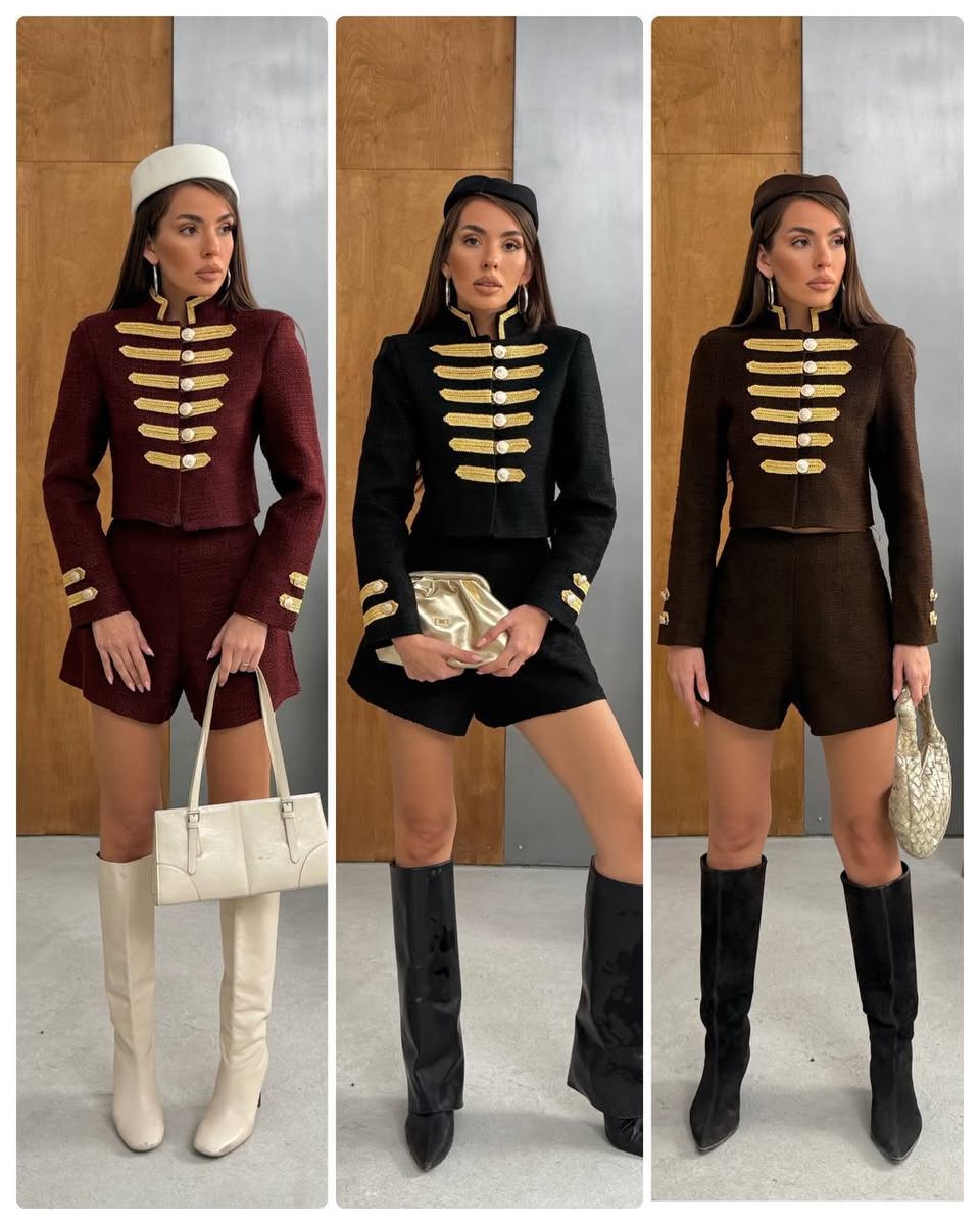 Qadın tweed komplekti: kürtdən çəkmə və şort