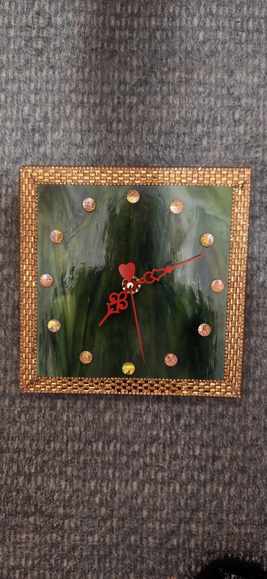 Handmade wall clock, green glass and gold frame