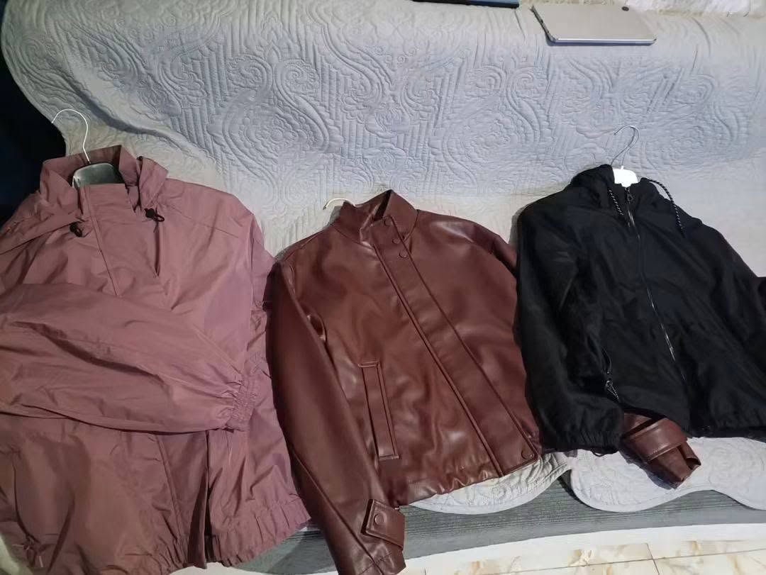 Three jackets: leather, nylon, hooded
