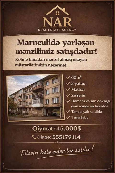 Mənzil satılır, Marneuli — $45,000