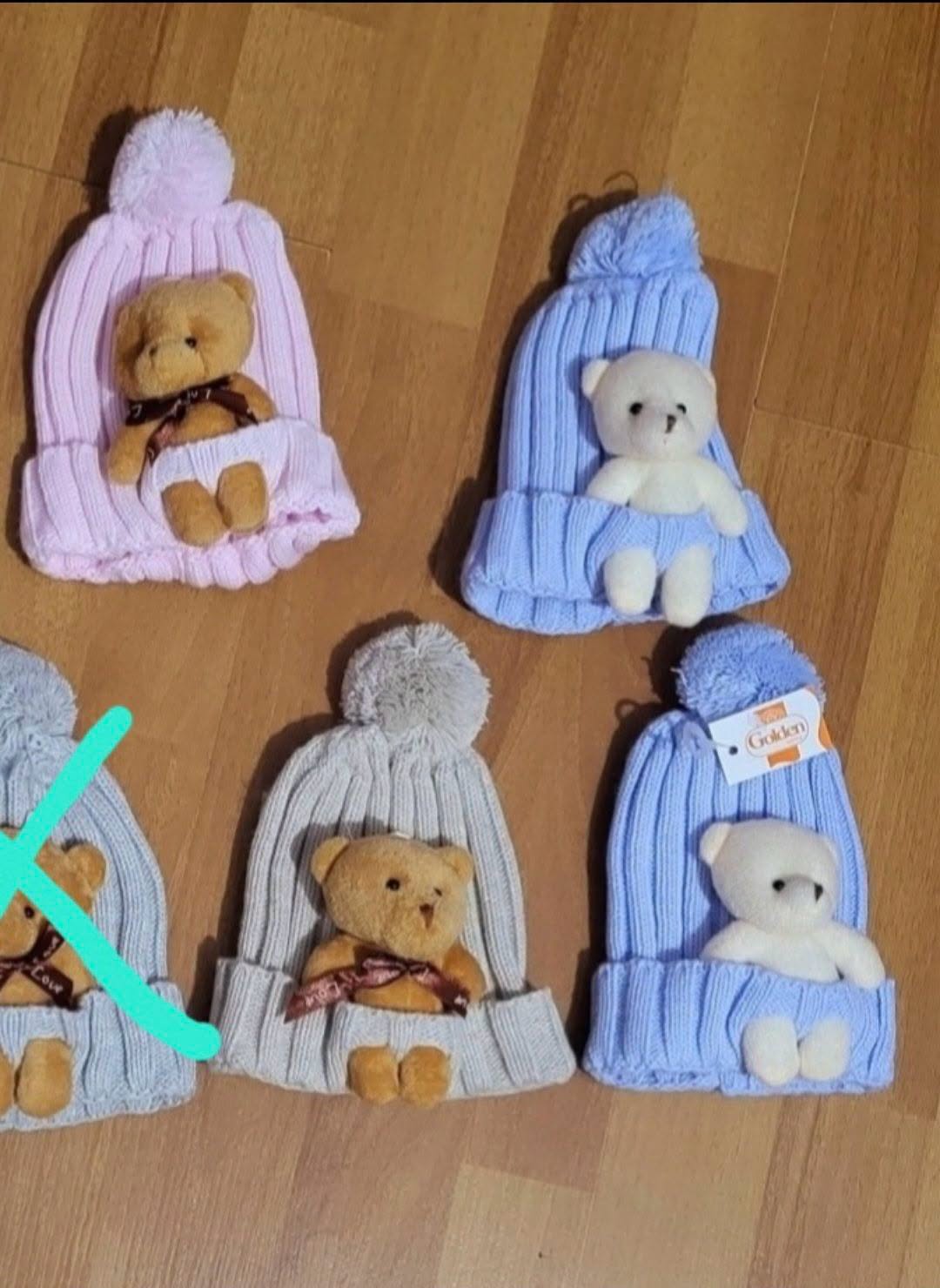 Children's knit hats with teddy bear