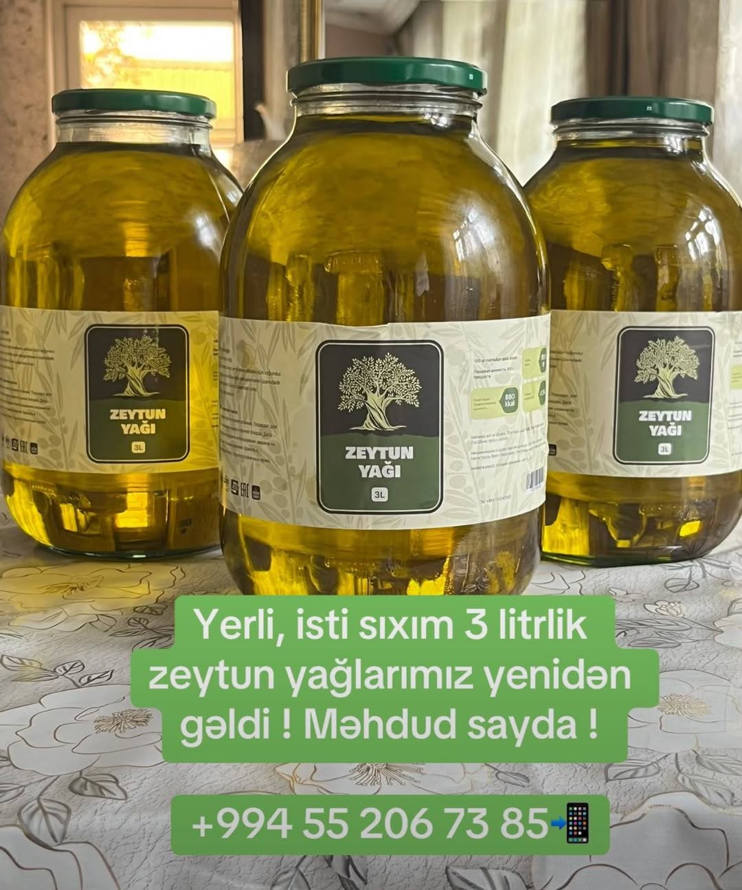 Zeytun yağı 3 litrlik, zavod istehsalı