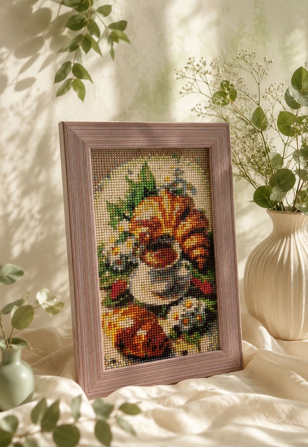 Framed diamond painting with flowers