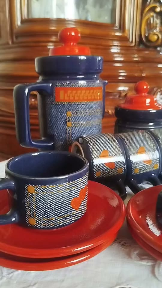 Ceramic coffee set, blue with orange
