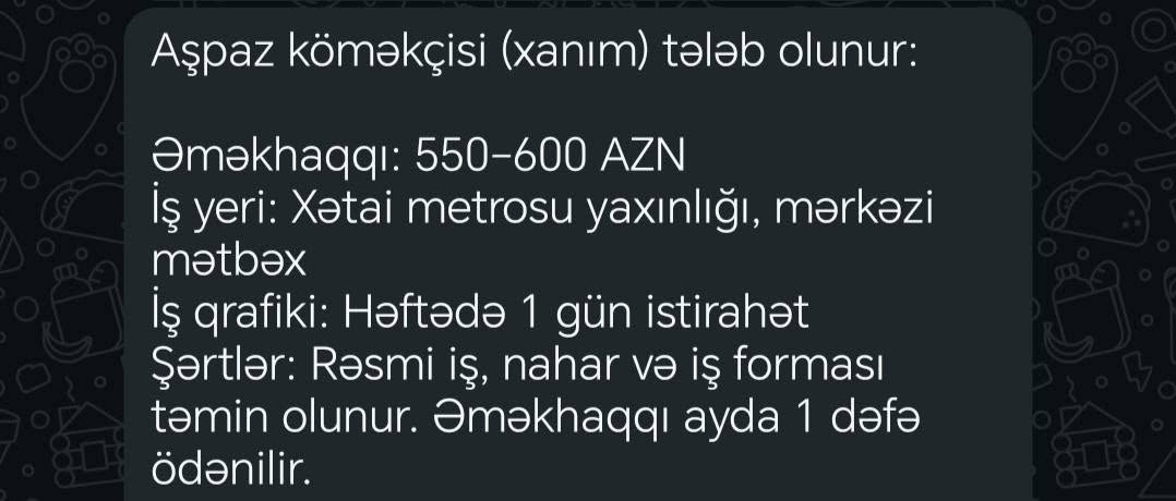 Aşpaz köməkçisi (xanım), Xətai metrosu yaxınlığı