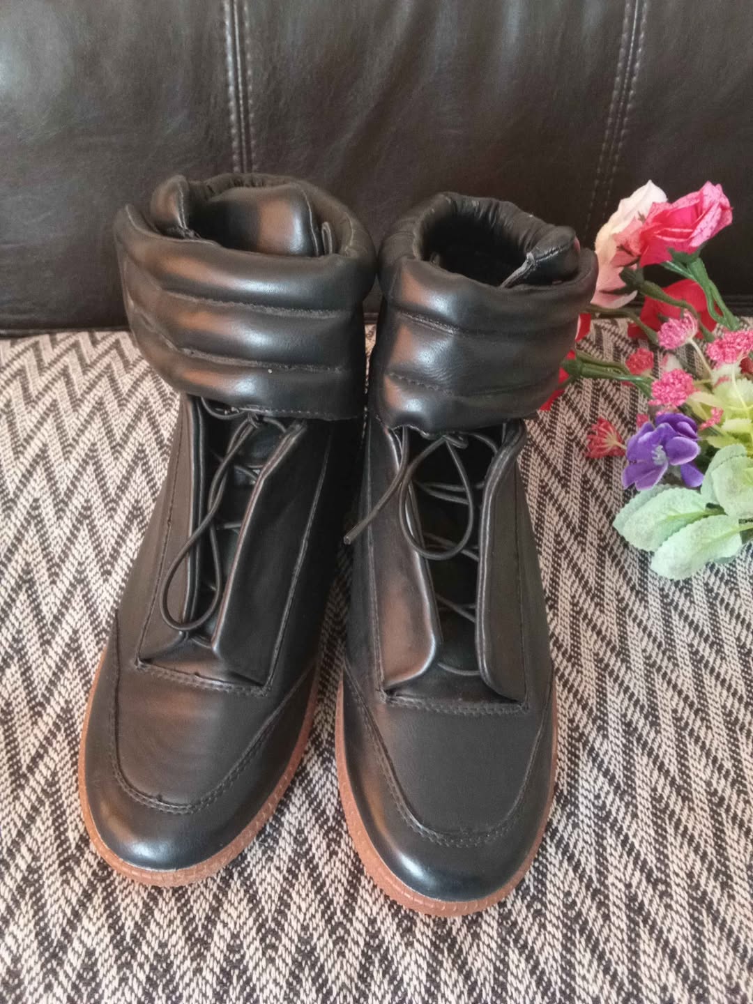 Women's black leather boots, size 38