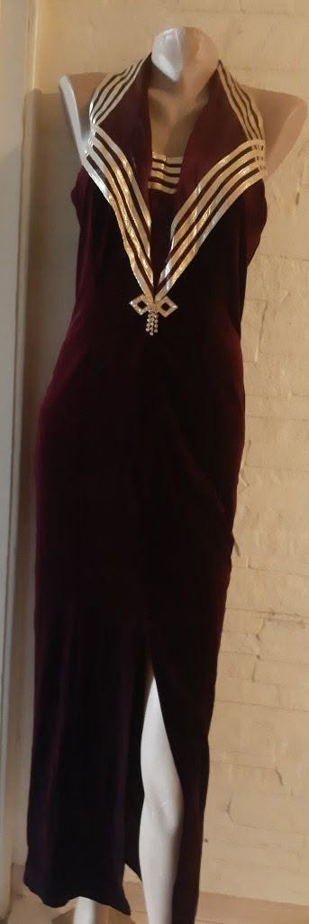 Burgundy velvet evening dress with gold trim