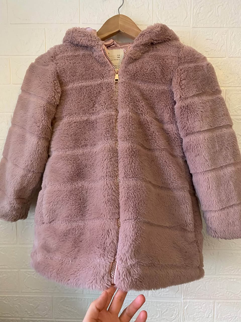 Pink faux fur kids coat, age 7/8