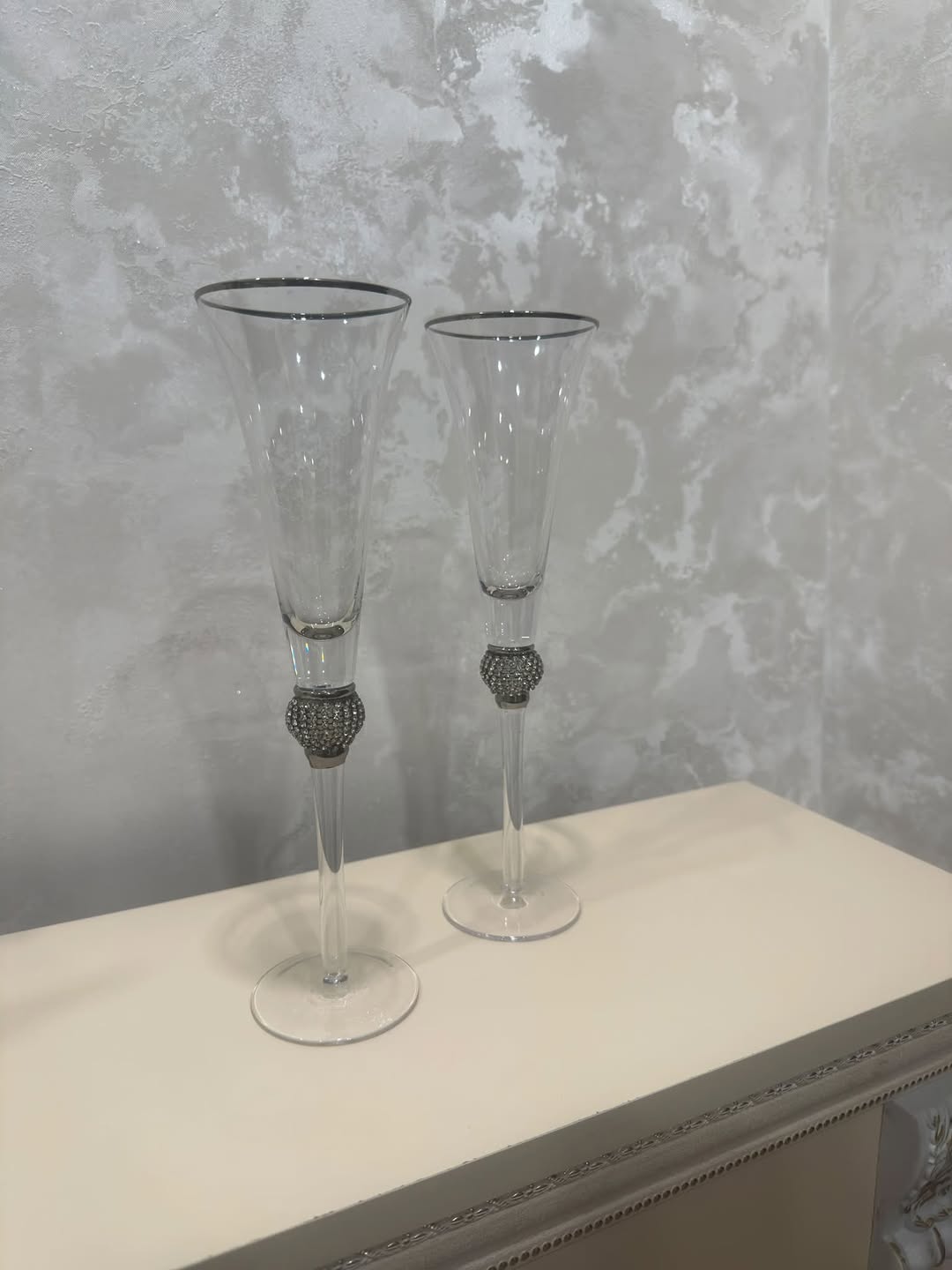 New wedding champagne glasses, silver rim