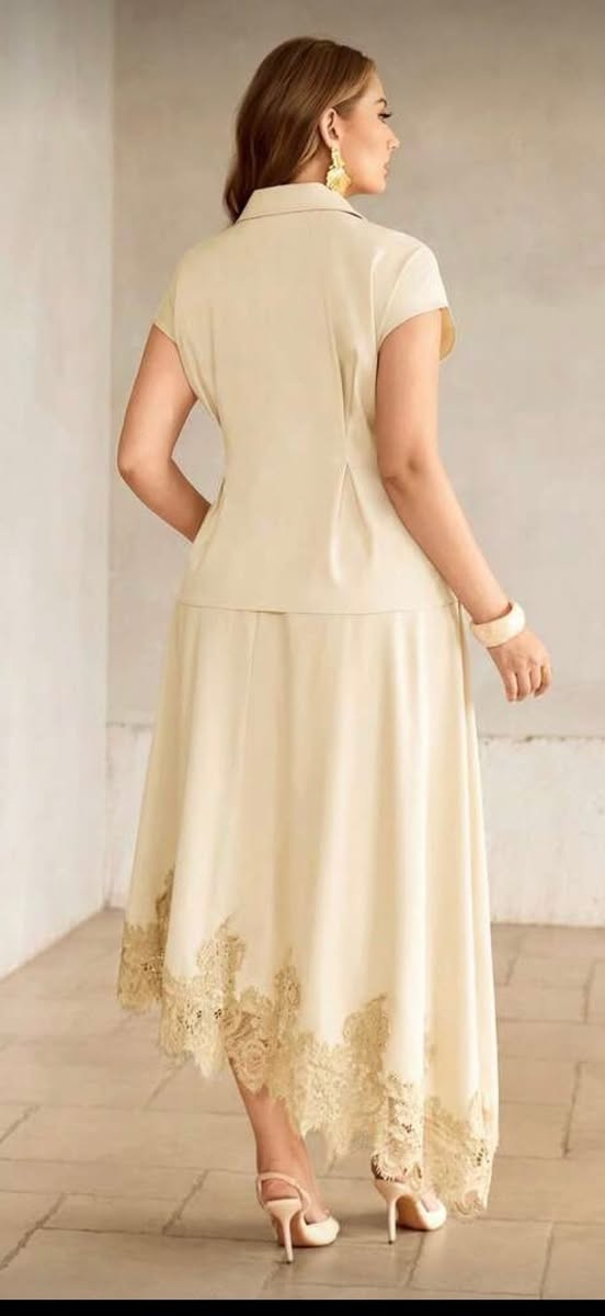 Cream two-piece set with lace hem