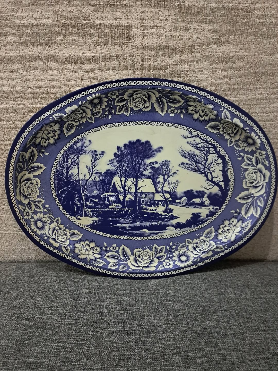 Antique blue oval serving tray