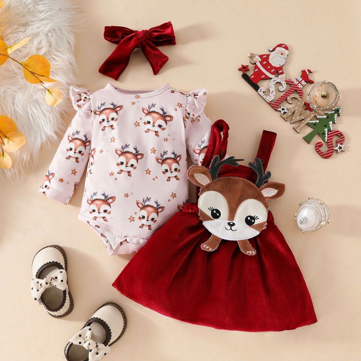 Reindeer baby bodysuit and velvet dress set