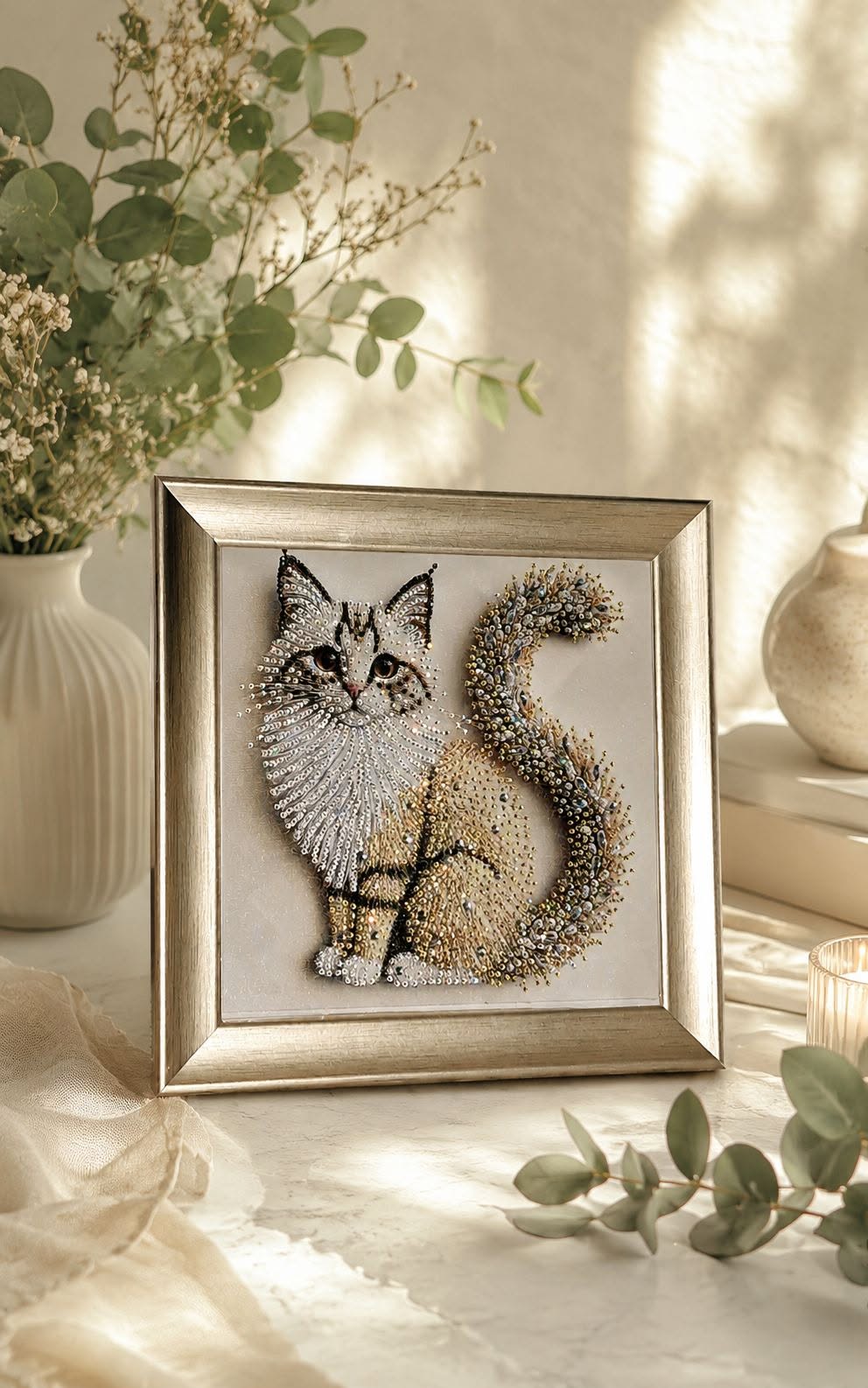 Framed beaded cat picture