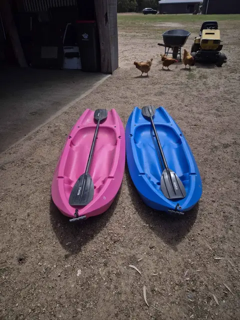 Two kids' kayaks with paddles