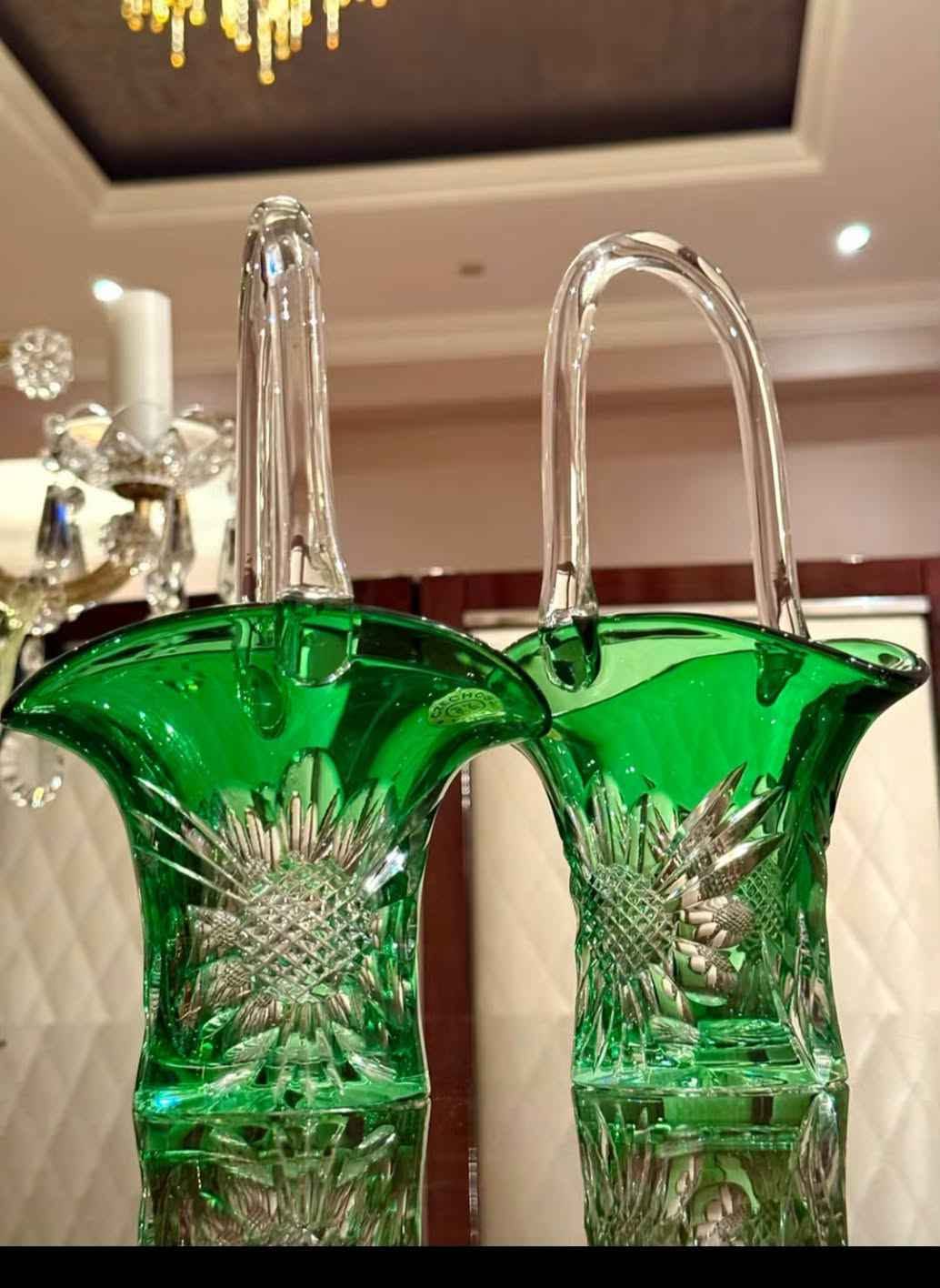 Green crystal basket vases pair