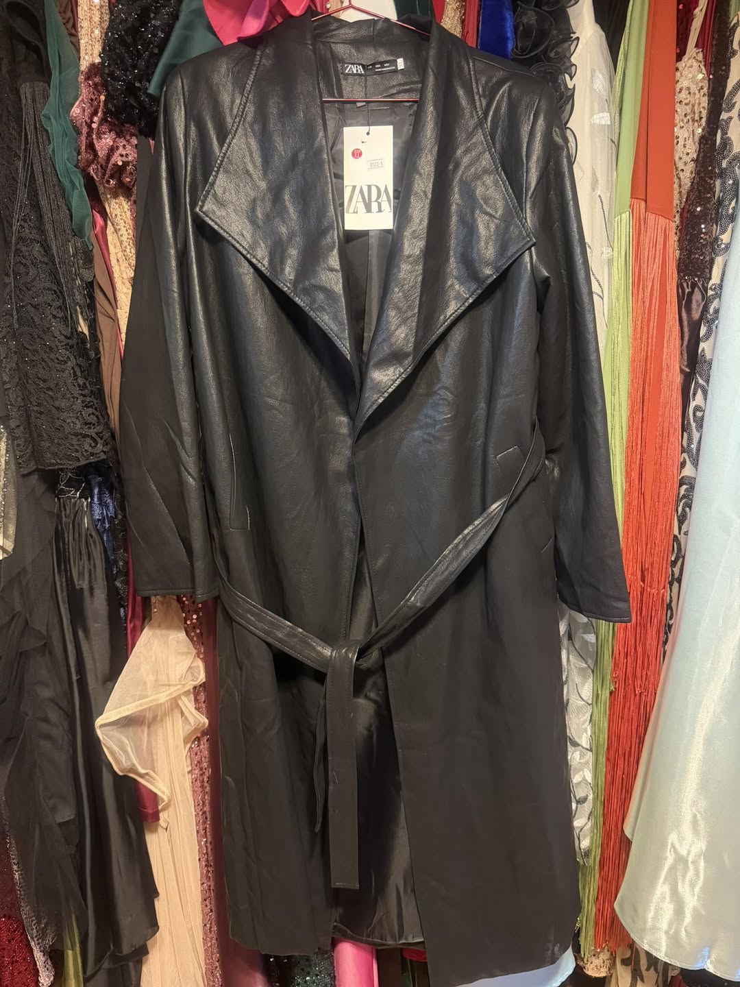Black faux-leather trench coat, XL-XXL