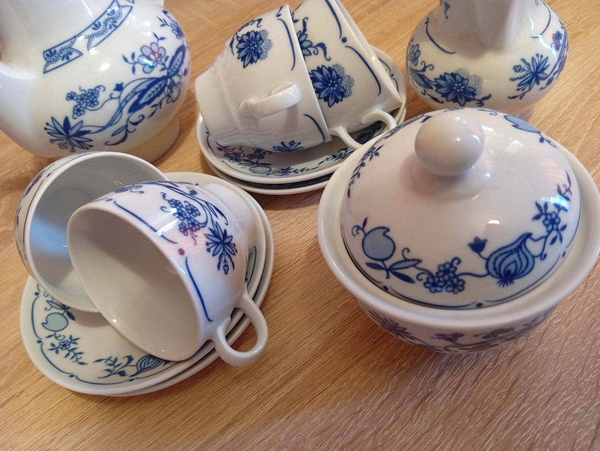 Soviet blue onion porcelain tea set for 4