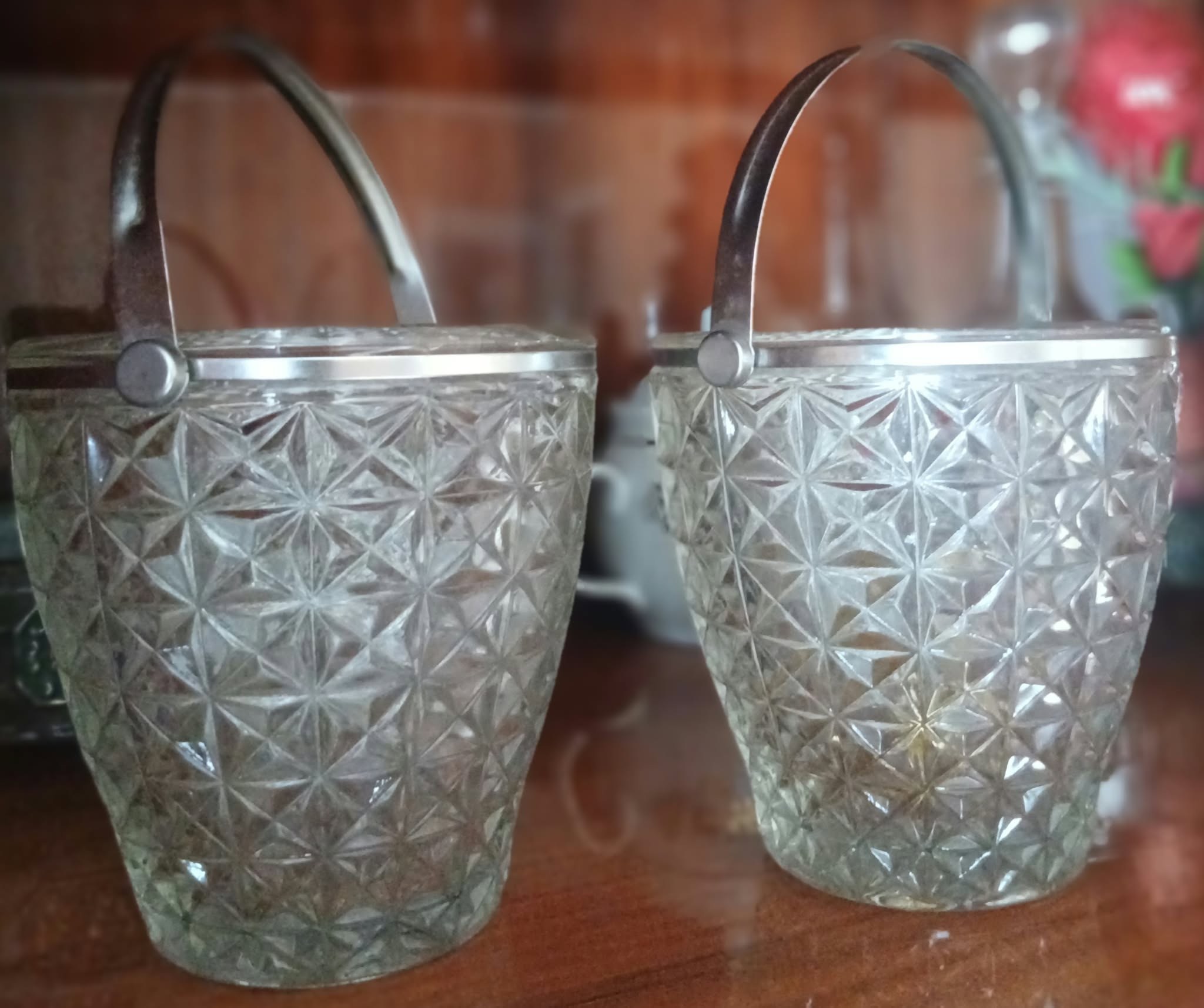 Two crystal ice buckets with handles