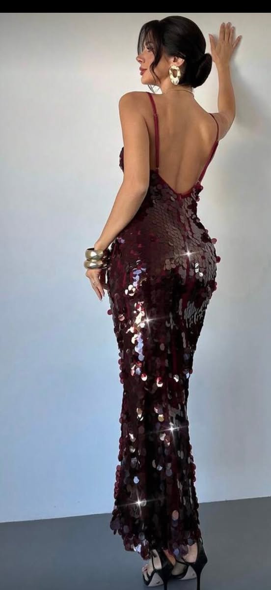 Burgundy sequin open-back maxi dress, size L