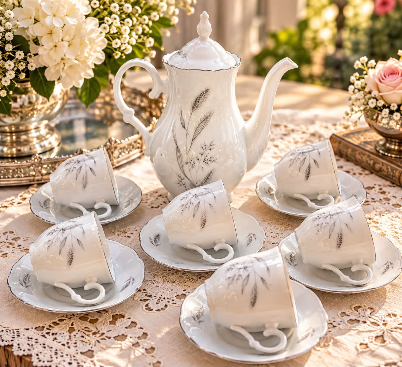 Porcelain tea set with teapot and cups