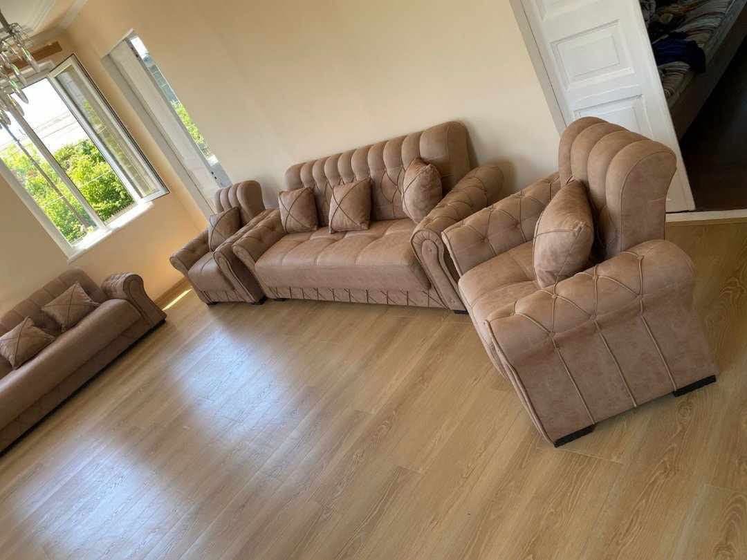 Brown sofa with armchairs