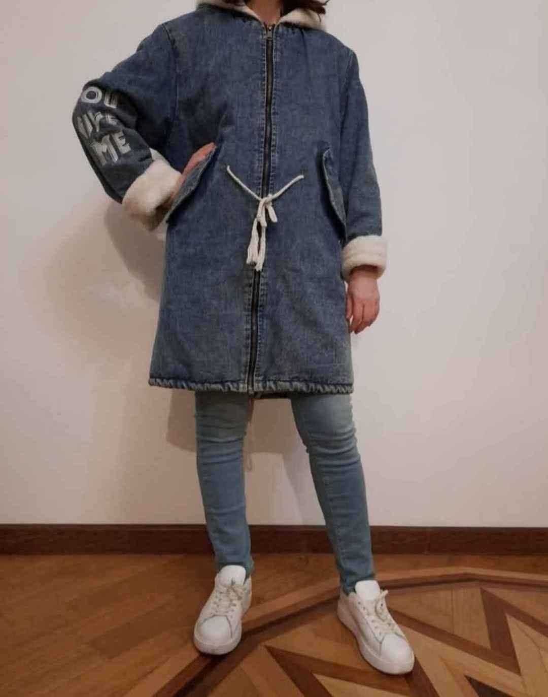 Qadın džins ceketi kapüşonlu