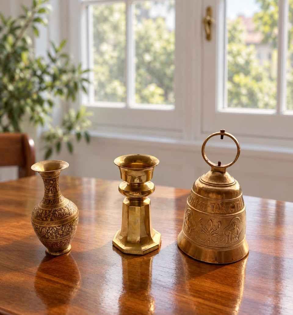 Vintage brass vase, candlestick and bell