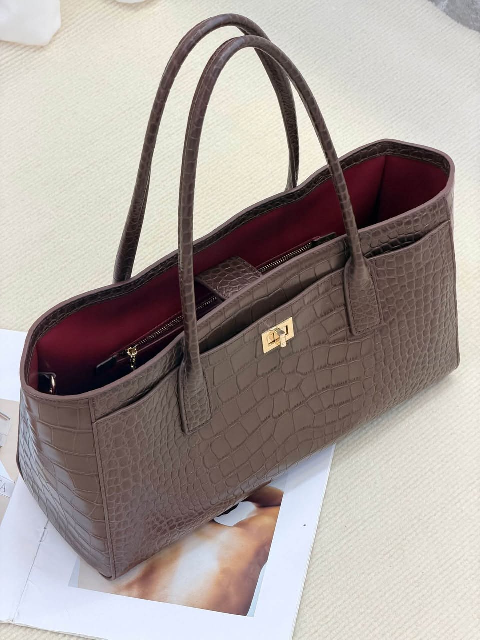 Brown croc-embossed handbag, made to order