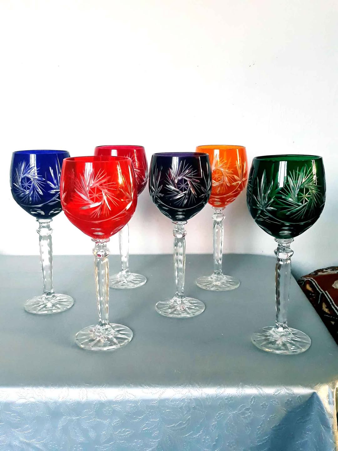 Six colored cut-crystal wine glasses