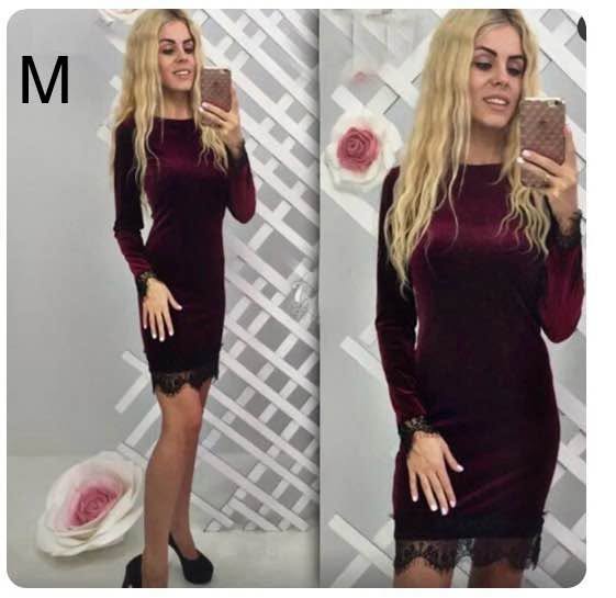 Kadife burgonya rengi elbise, dantel, S-M