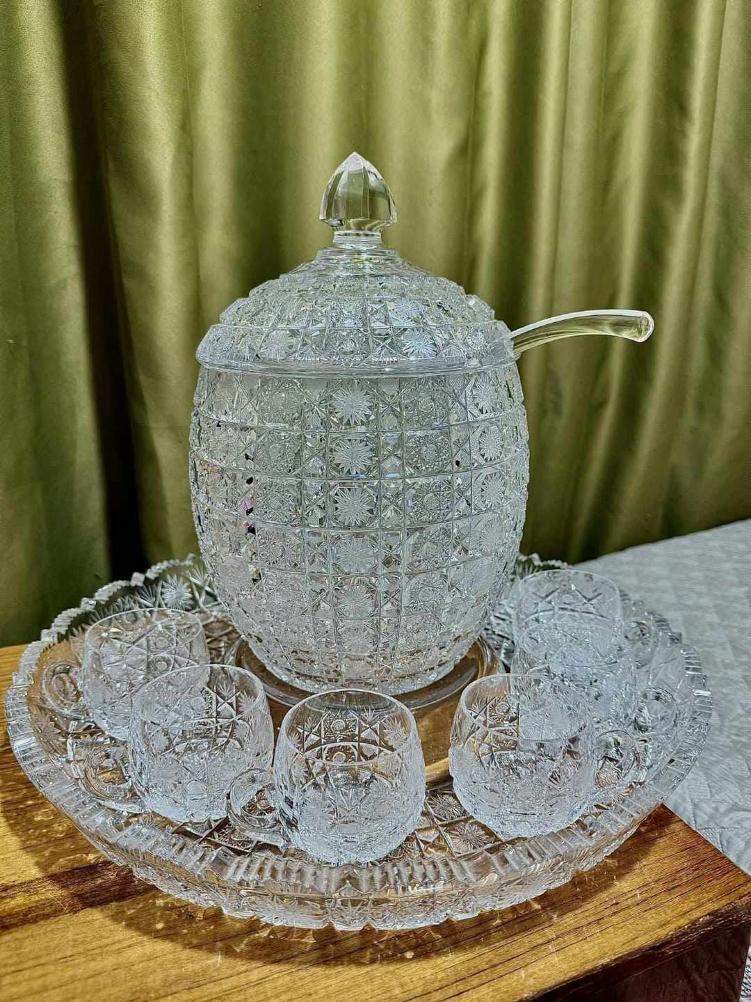 Crystal punch bowl set with ladle, 6 cups