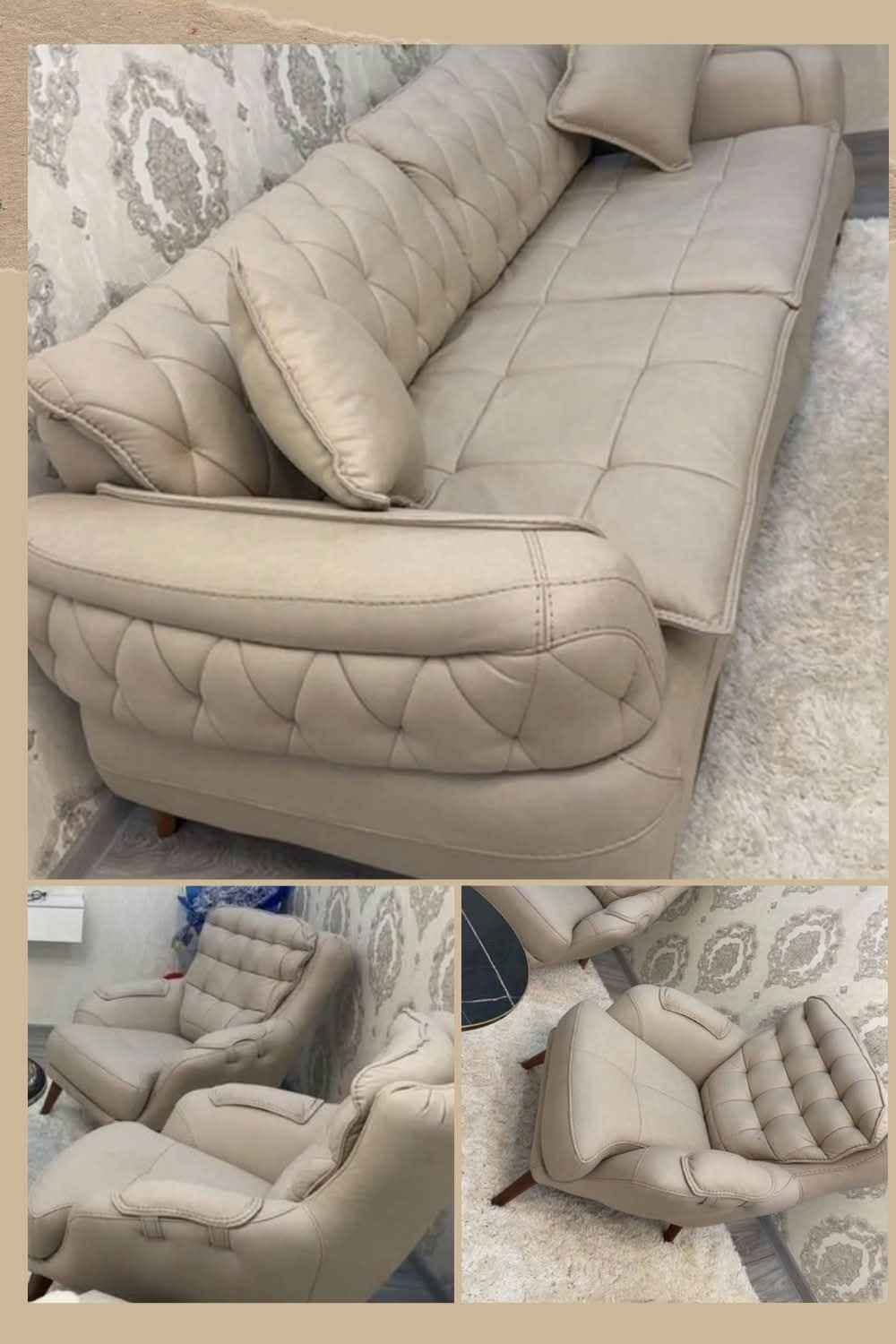 Beige sofa and armchair set, unused