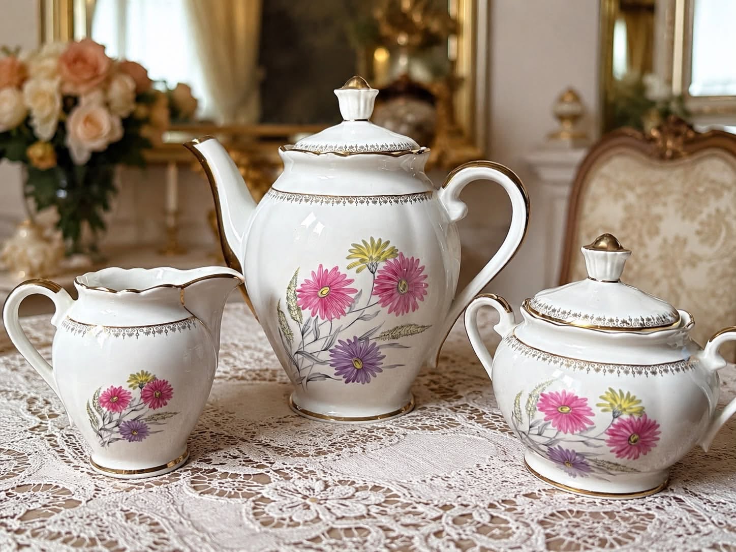Fransız porselen 3 parçalık çay takımı