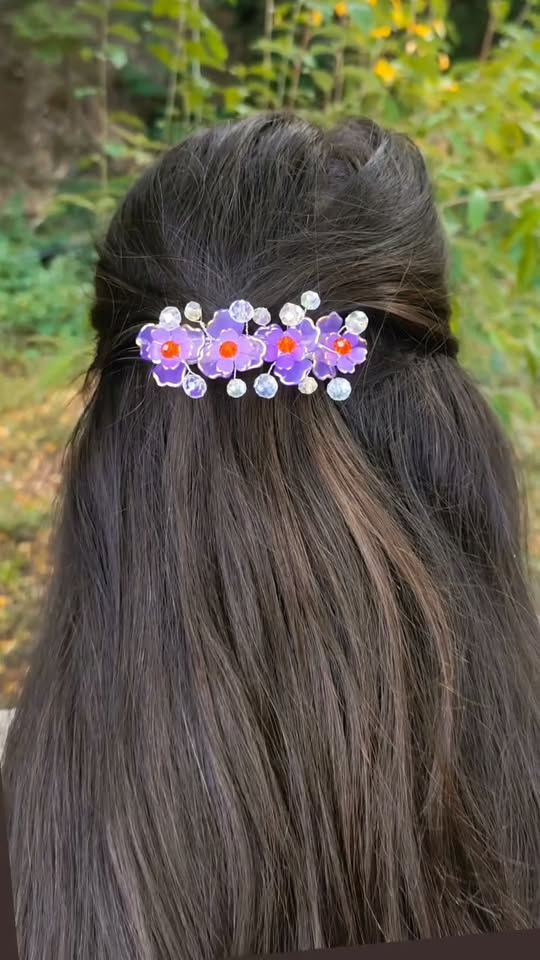 Purple flower crystal hair clip