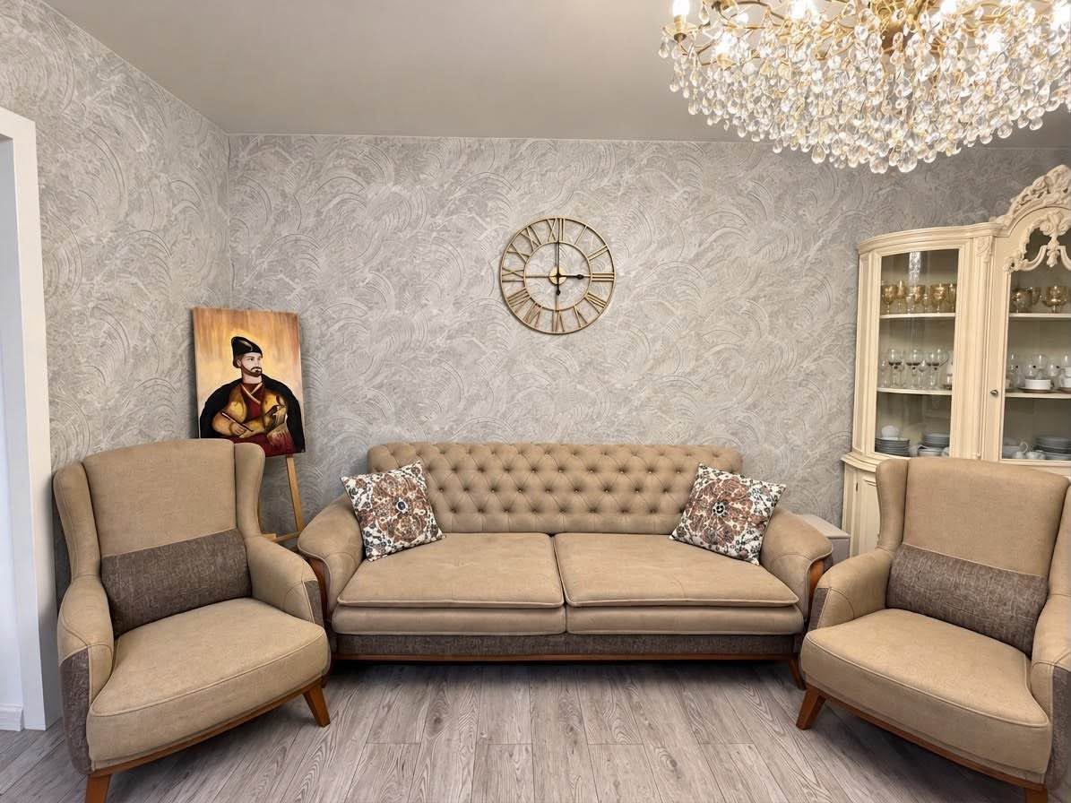 Beige tufted sofa 2.20 m, 6 cushions