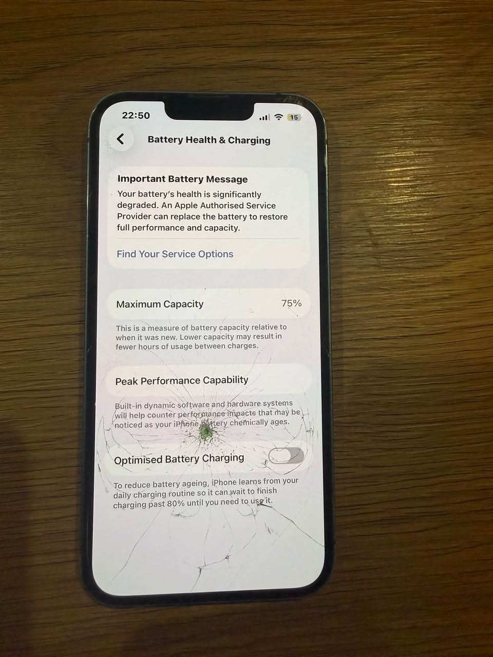 iPhone 13 ლურჯი, დაზიანებული ეკრანი, ბატარეა 75%