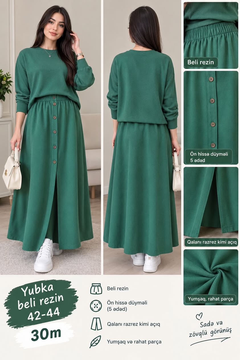 Yaşıl midi yubka, beli rezin, 42-44