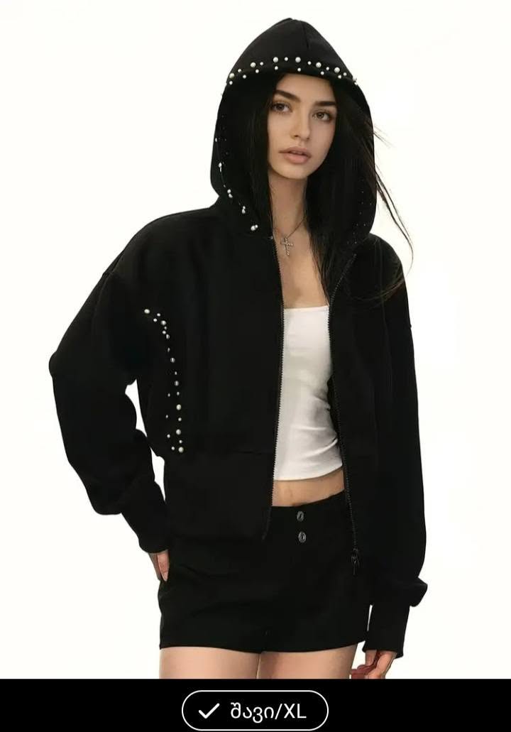 Black hoodie with pearl decor, XL
