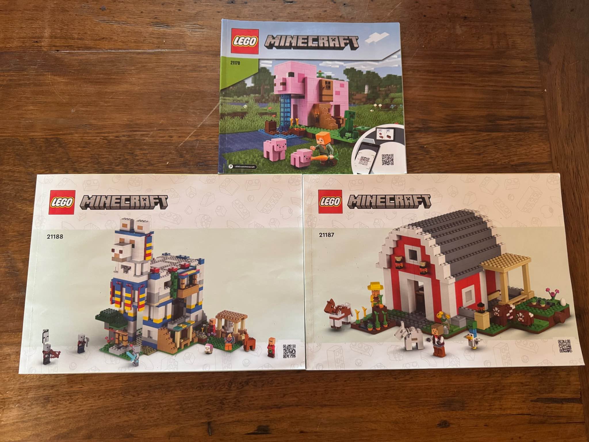 These are LEGO Minecraft sets numbered 21170, 21187, and 21188.