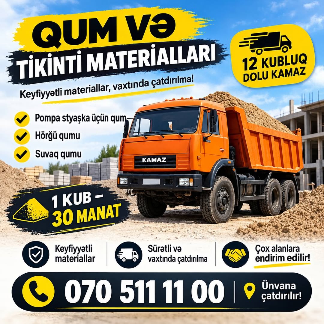 Qum və tikinti materialları, 1 kub 30 manat