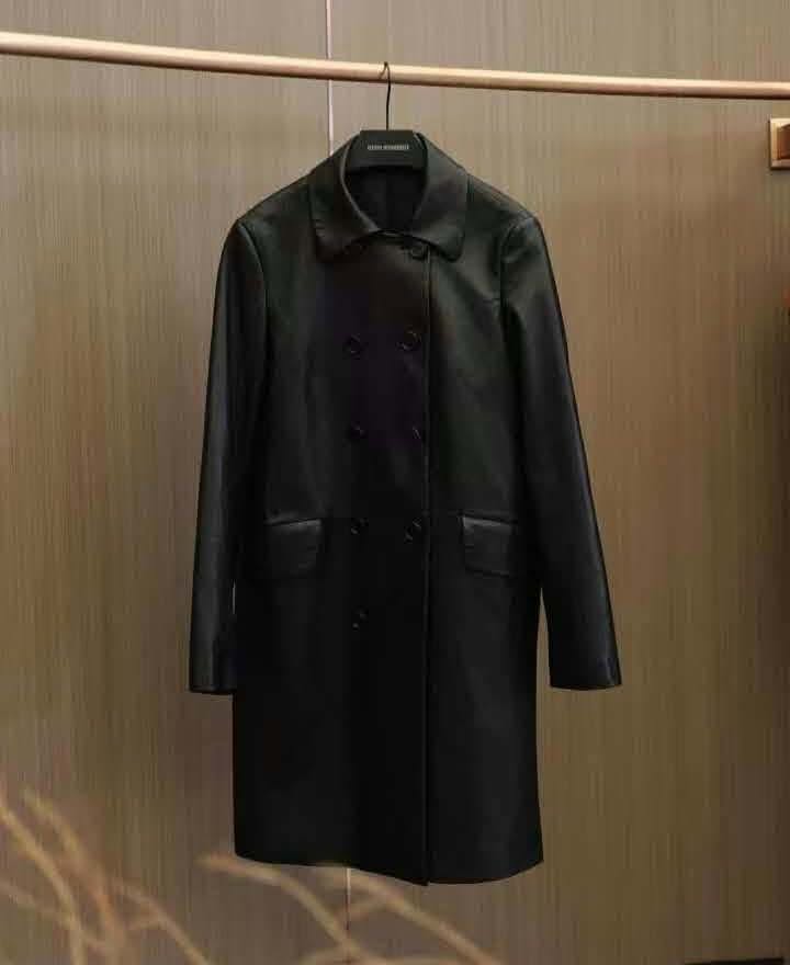 Natural leather long coat, black